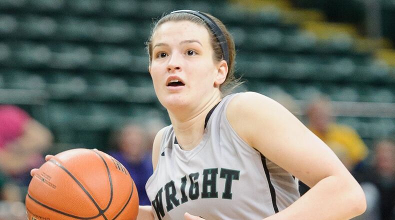 Wright State sophomore guard Emily Vogelpohl dribbles during a WNIT game against Central Michigan on Thursday. Vogelpohl scored eight points for the Raiders, who play Michigan on Saturday. BRYANT BILLING / CONTRIBUTED