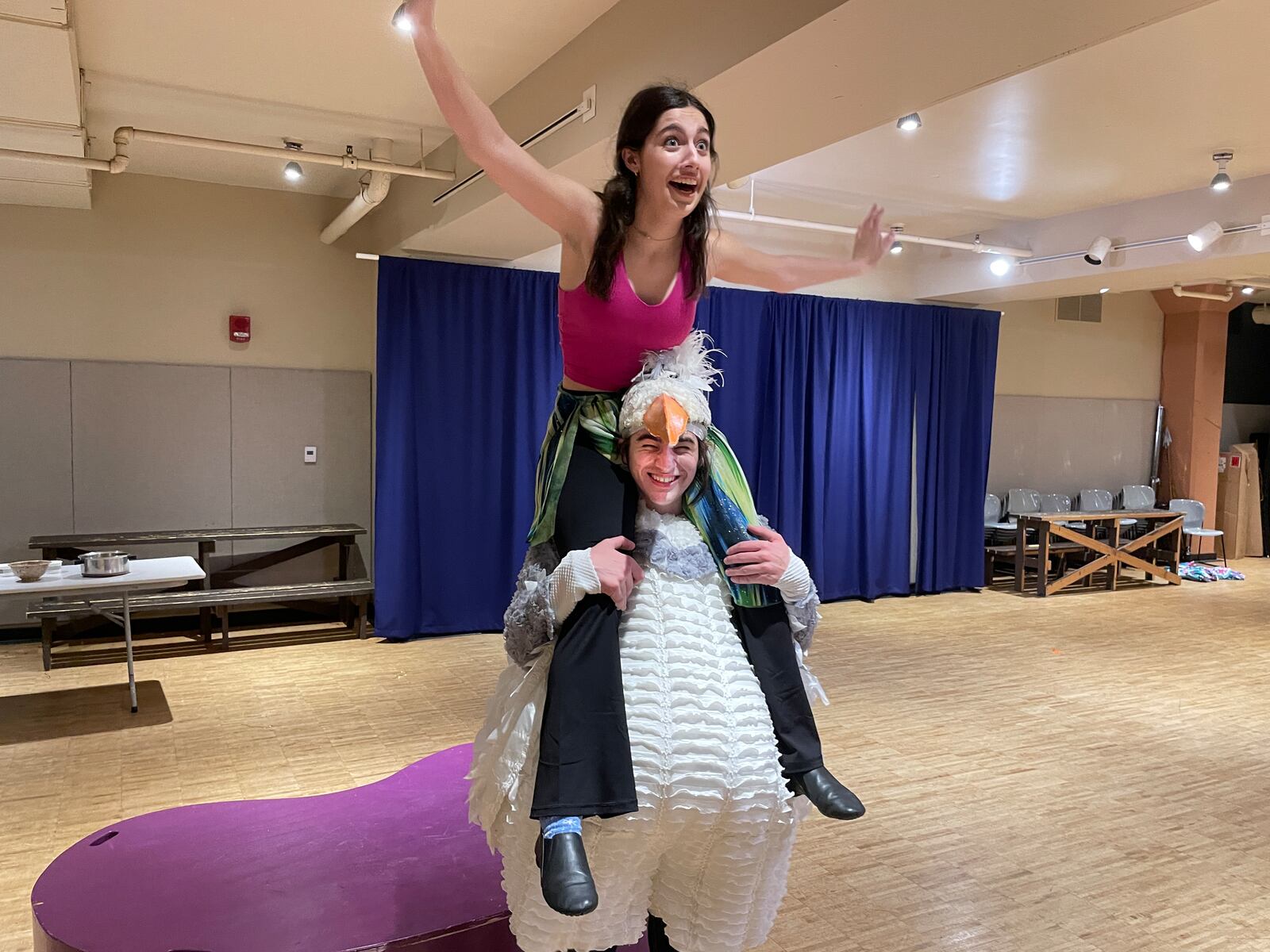 The seagull Scuttle (Ben Anticoli) helps former mermaid Ariel (Maggie Weckesser) adjust to her new legs. PHOTO BY MATT SILVER