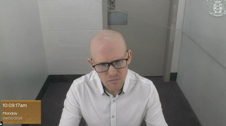 In this photo made from video and provided by the New Zealand Court of Appeal, Monday, Feb. 9, 2026, Brenton Tarrant appears before the court by video from Auckland Prison in Auckland. (New Zealand Court of Appeal via AP)