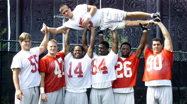 Seven scholarship players from the Miami Valley are currently playing on the OSU Buckeye football team (2002). They are L-R: Nick Mangold (Alter), A.J. Hawk (Centerville), Angelo Chattams (CJ), John Hollins (Wayne), Will Allen (Wayne) and Quinn Pitcock (Piqua) all hold kicker Mike Nugent (Centerville) above their heads.