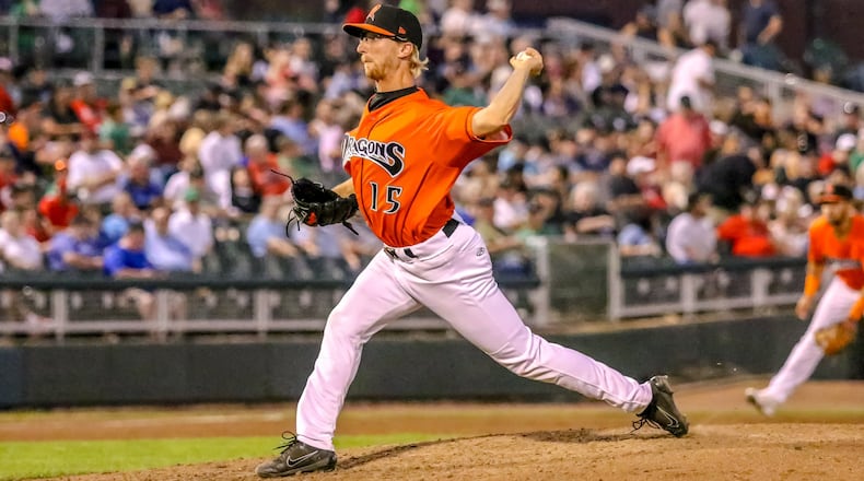 Dayton Dragons left-handed pitcher Andy Fisher was named the Reds Minor League Pitcher of the Month for July on Monday. In six starts between Greeneville (Tenn.) and Dayton last month, Fisher allowed just one earned run in 25 innings on 12 hits and three walks with 27 strikeouts. CONTRIBUTED PHOTO BY MICHAEL COOPER