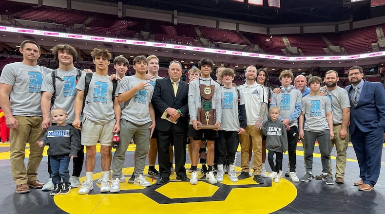 The Legacy Christian wrestling team won its third straight Division III team title last year at the Schottenstein Center in Columbus. CONTRIBUTED/Legacy Christian Academy