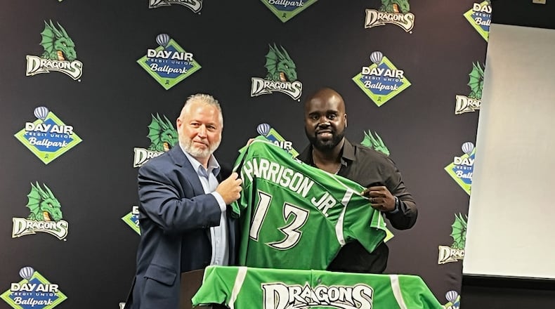 New Dayton Dragons manager Vince Harrison Jr. and John Wallace, the team's baseball operations manager, on Thursday at Day Air Ballpark. Jeff Gilbert/CONTRIBUTED