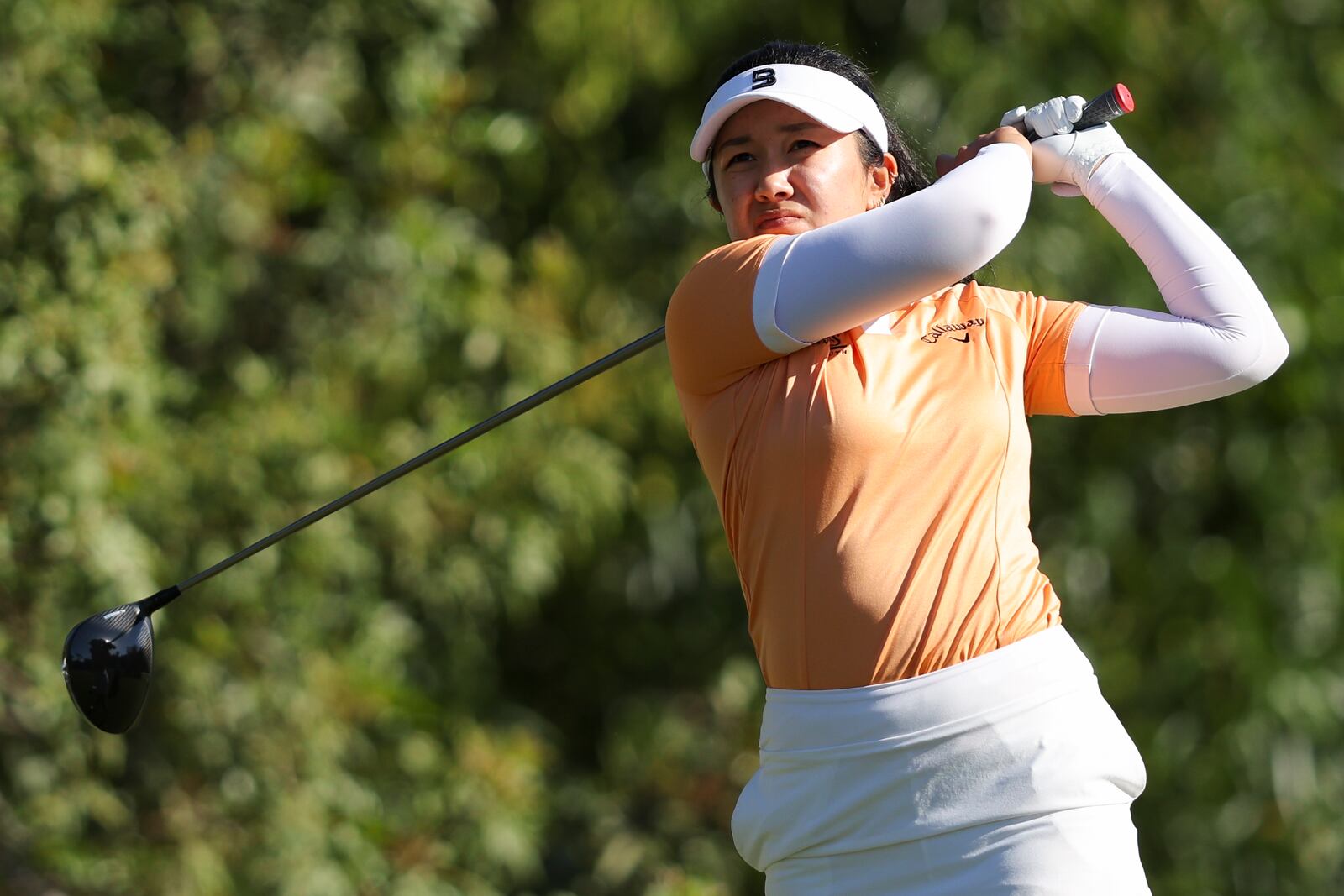 Savannah Katarina Grewal hits from the fifth tee during the final round of the LPGA's JM Eagle LA Championship golf tournament at El Caballero Country Club Sunday, April 20, 2025, in Los Angeles. (AP Photo/Jessie Alcheh)