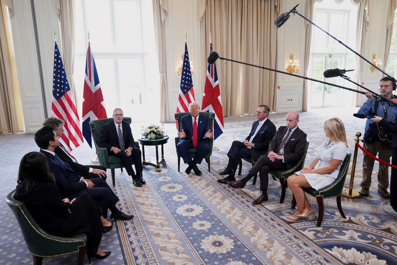 President Donald Trump, center right, and Britain's Prime Minister Keir Starmer speak with the media during a meeting at the Trump Turnberry golf course in Turnberry, Scotland Monday, July 28, 2025. (AP Photo/Jacquelyn Martin)