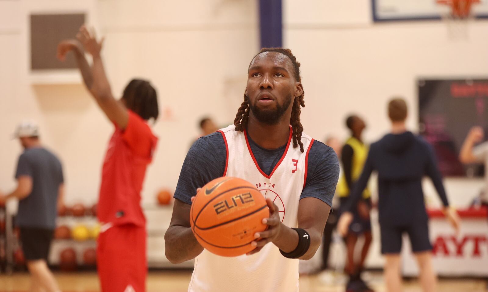 Dayton's Jaiun Simon shoots a free throw during practice at the Cronin Center on Wednesday, Oct. 8, 2025. David Jablonski/Staff