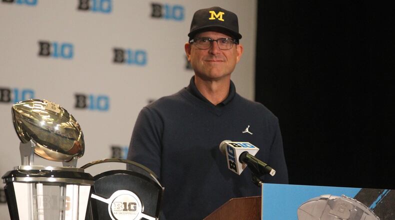 Michigan’s Jim Harbaugh speaks during Big Ten Media Days at McCormick Place in Chicago on Tuesday, July 25, 2017. David Jablonski/Staff