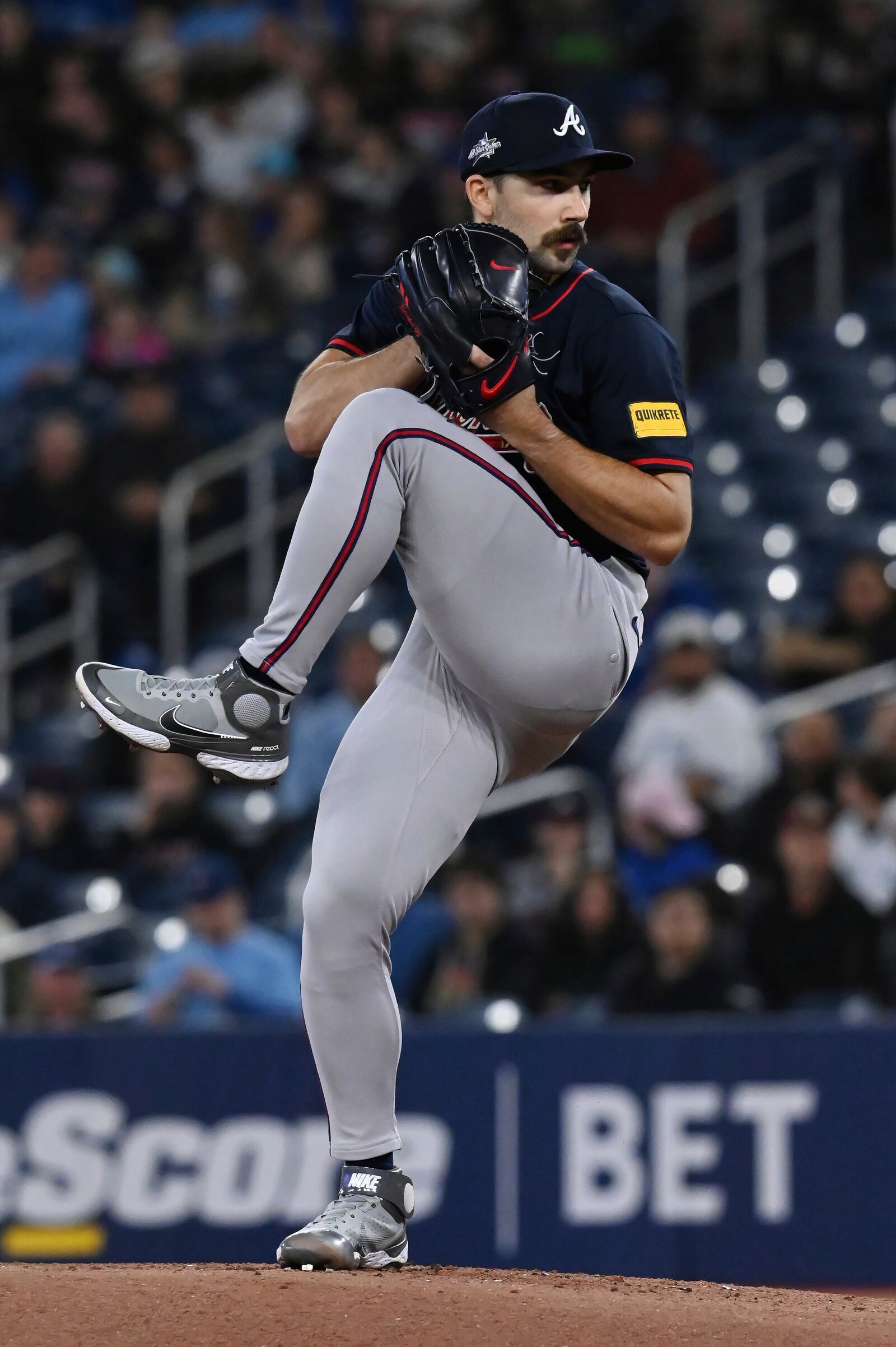 Atlanta Braves starting pitcher Spencer Strider (99) throws to a Toronto Blue Jays batter in the first inning of an interleague baseball game in Toronto, Wednesday, April 16, 2025. (Jon Blacker/The Canadian Press via AP)