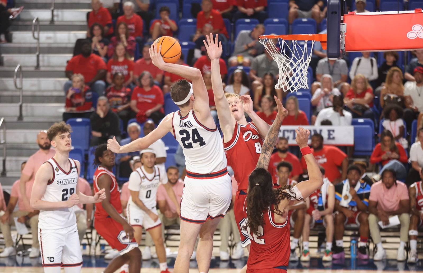 Dayton's Jacob Conner dunks in the first half against Florida Atlantic in the first round of the National Invitation Tournament on Wednesday at Eleanor R. Baldwin Arena. David Jablonski/Staff
