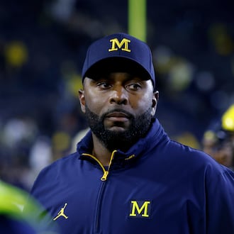FILE - Michigan coach Sherrone Moore walks off the field following an NCAA football game on Saturday, Aug. 30, 2025, in Ann Arbor, Mich. (AP Photo/Al Goldis, File)