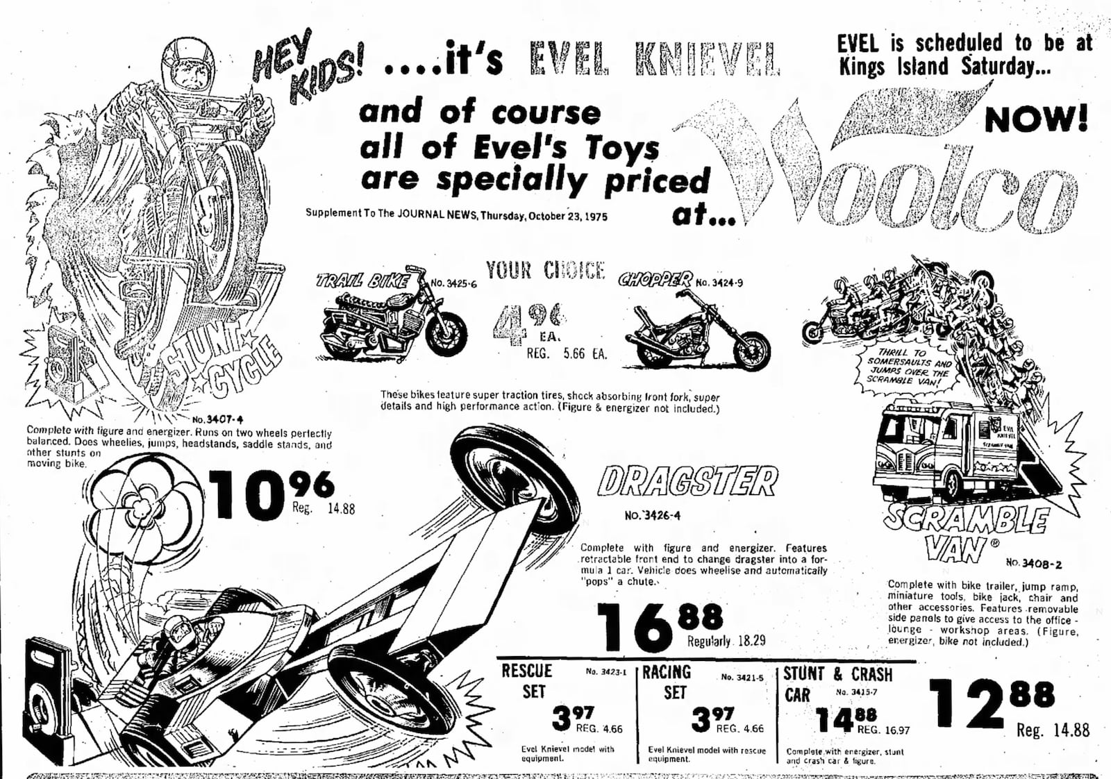 Evel Knievel landed a motorcycle jump over 14 busses at Kings Island in 1975. Stores took advantage by advertising Evel Knievel toys. DAYTON DAILY NEWS ARCHIVES