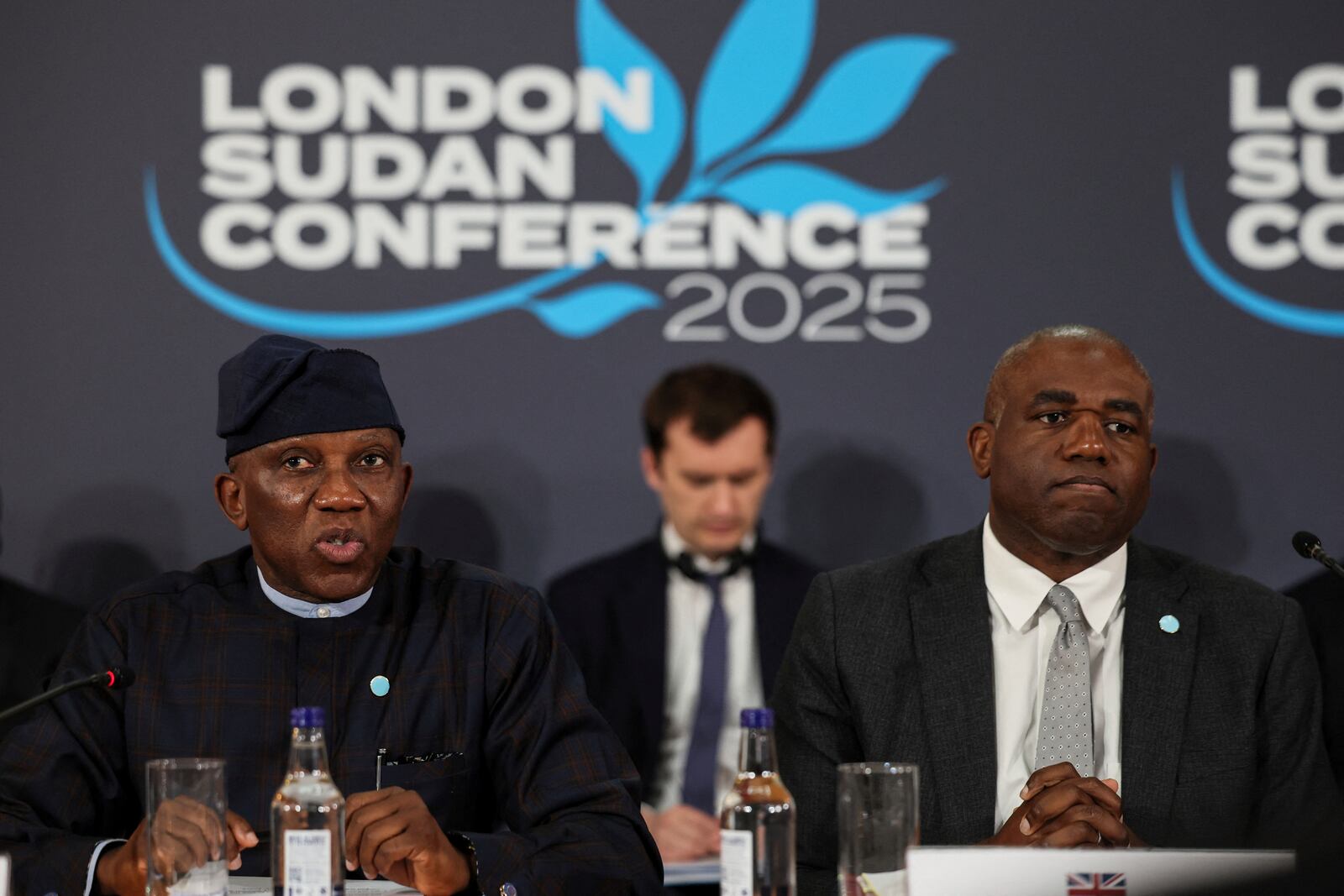 Bankole Adeoye, Political Affairs, Peace and Security Commissioner for the African Union, left, and Britain's Foreign Secretary David Lammy attend the London Sudan conference at Lancaster House in London, Tuesday, April 15, 2025. (Isabel Infantes/Pool Photo via AP)