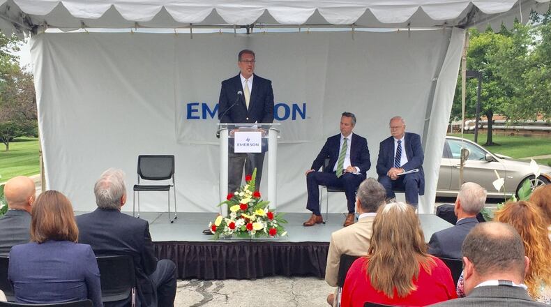 Officials talk about Emerson’s plan to expand and renovate its facilities in Sidney. STEVE BAKER/STAFF