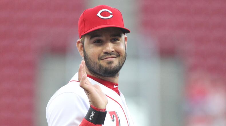 Reds third baseman Eugenio Suarez smiles during a game against the Brewers on Tuesday, May 1, 2018, at Great American Ball Park in Cincinnati. David Jablonski/Staff