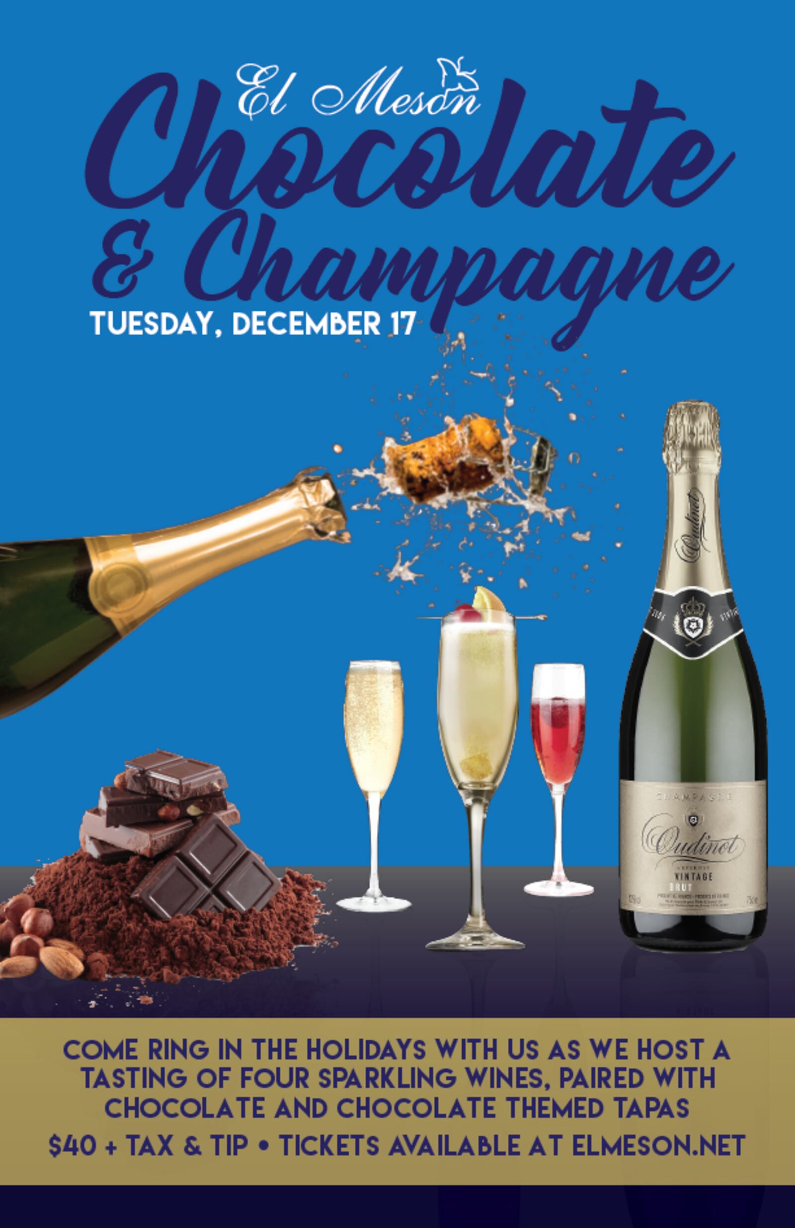 El Meson's Chocolate & Champagne pairing will take place on Dec. 17, 2019.