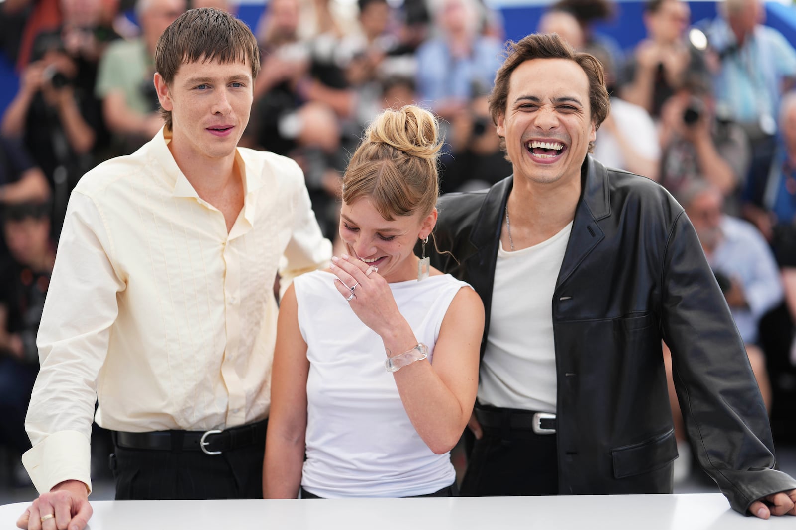 Director Harris Dickinson, from left, Megan Northam and Frank Dillane pose for photographers at the photo call for the film 'Urchin' at the 78th international film festival, Cannes, southern France, Saturday, May 17, 2025. (Photo by Lewis Joly/Invision/AP)