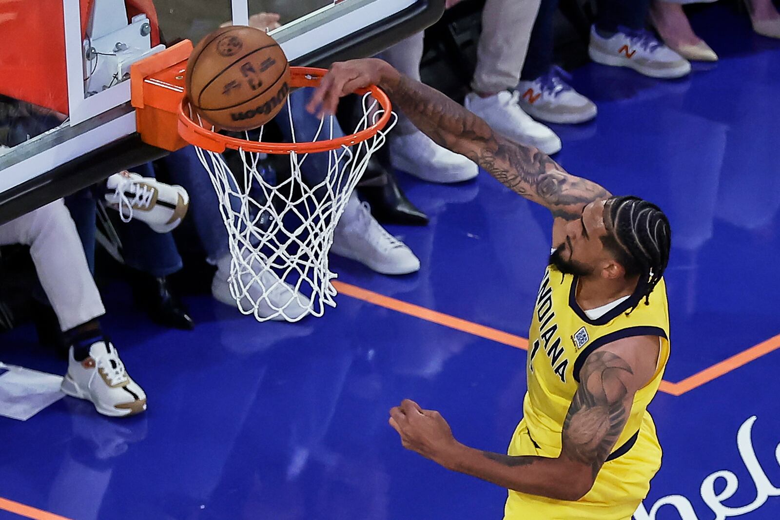 Indiana Pacers forward Obi Toppin (1) misses a dunk against the New York Knicks during the second quarter of Game 1 of the NBA basketball Eastern Conference final, Wednesday, May 21, 2025, in New York. (AP Photo/Adam Hunger)
