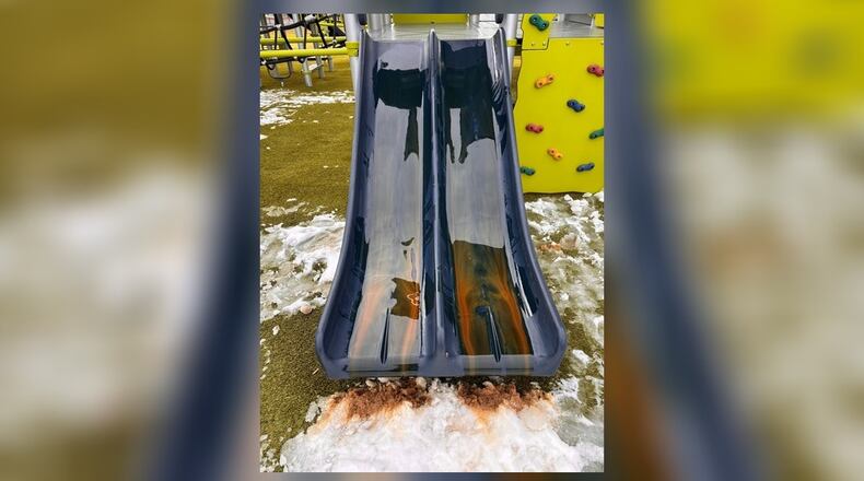 Vandals pour motor oil down slides and douse swings and play areas at North Park in Springboro over the weekend, city officials announced Monday, Feb. 24, 2025. Residents are urged to report suspicious activity. CONTRIBUTED