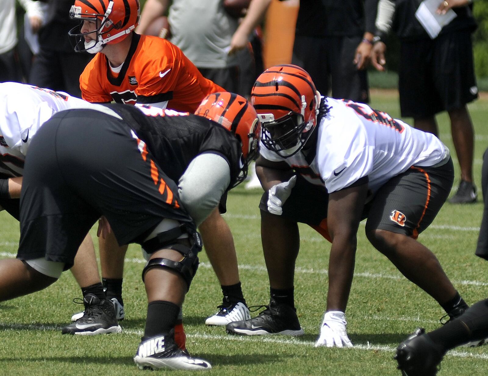 Cincinnati Bengals offensive lineman Trey Hopkins (right) has played all five positions this spring. JAY MORRISON/STAFF