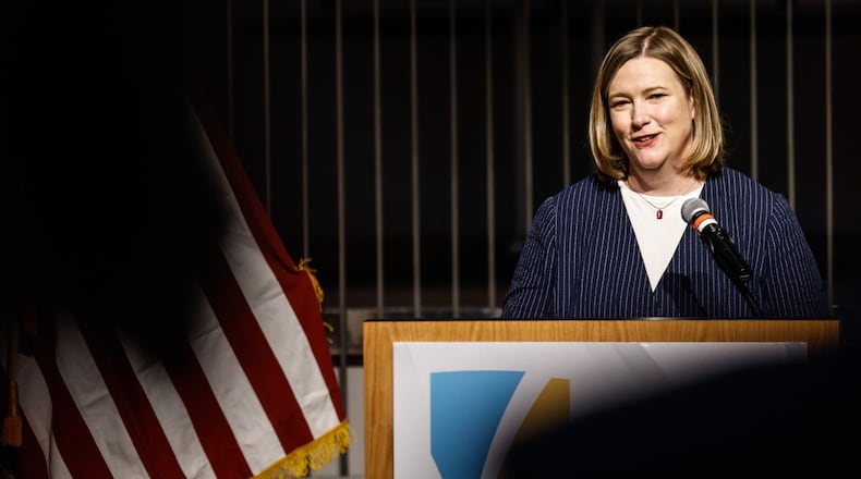 Dayton Mayor Nan Whaley delivers her farewell address at Dayton Library on Third Street in Dayton Friday Dec. 17, 2021. JIM NOELKER/STAFF