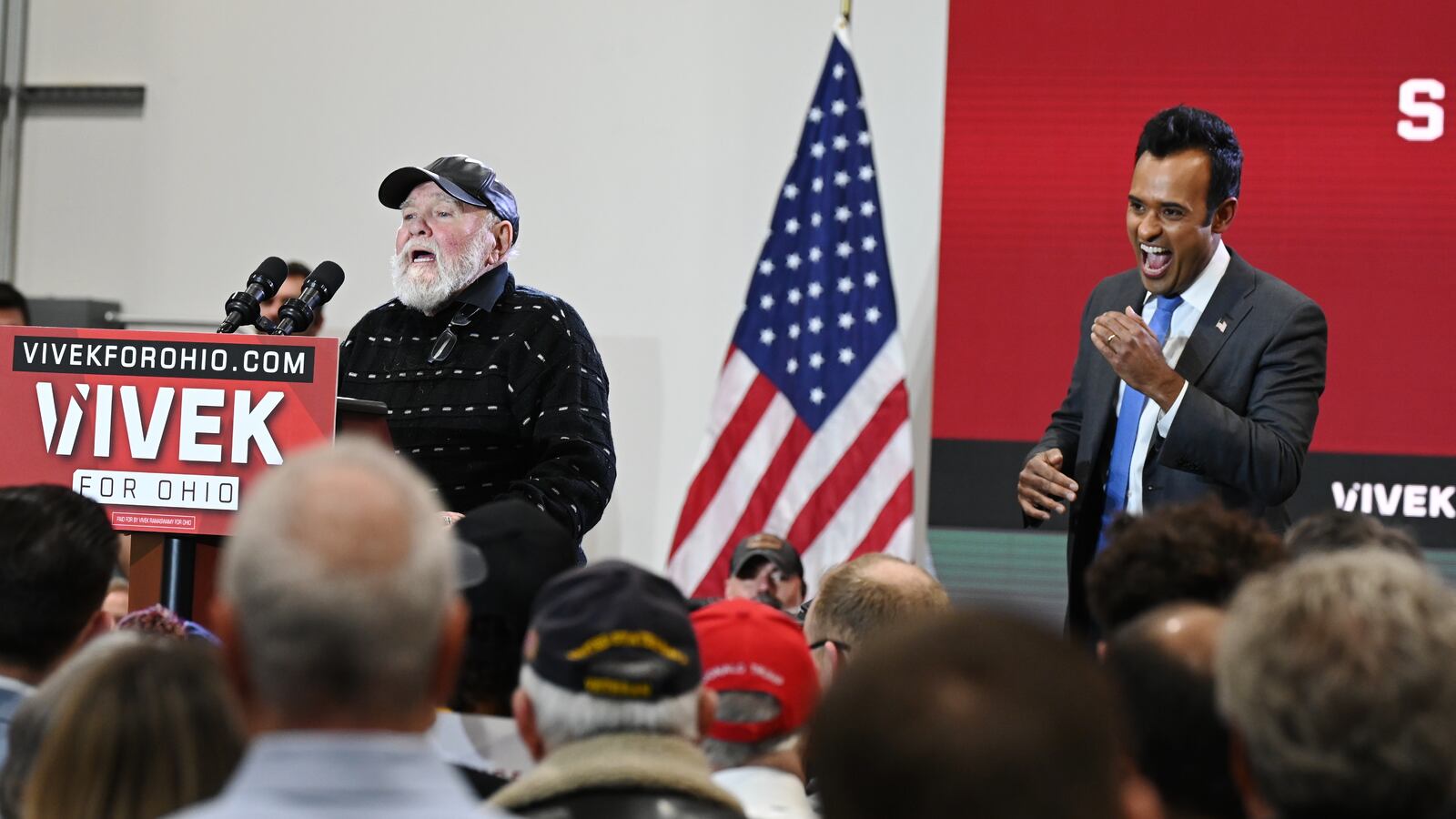 Donnie “DJ” Judd, who was Vivek Ramaswamy's former barber talks to a crowd of supporters gather to hear Ramaswamy announce his candidacy for Ohio governor at this first of two-day, four-stop announcement tour Monday, Feb. 24, 2025 at CTL Aerospace in West Chester Twp. Judd became emotional about his support for Ramaswamy, who had his hair cut by the barber in his middle school and high school years. MICHAEL D. PITMAN/STAFF