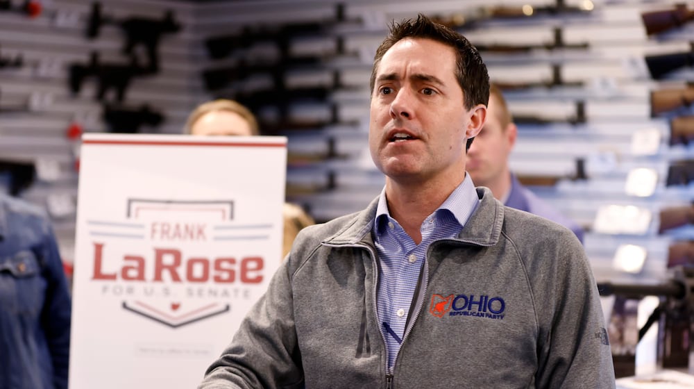 Ohio Secretary of State and Frank LaRose speaks to supporters during a campaign event in Hamilton, Ohio, Monday, March 18, 2024. (AP Photo/Paul Vernon, File)