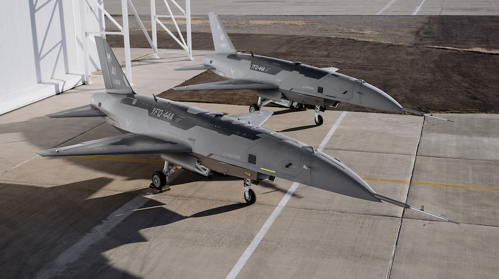 YFQ-44 aircraft are parked on the flightline at a California test location for the Air Force’s Collaborative Combat Aircraft program. Air Force photo