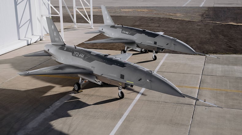 YFQ-44 aircraft are parked on the flightline at a California test location for the Air Force’s Collaborative Combat Aircraft program. Air Force photo