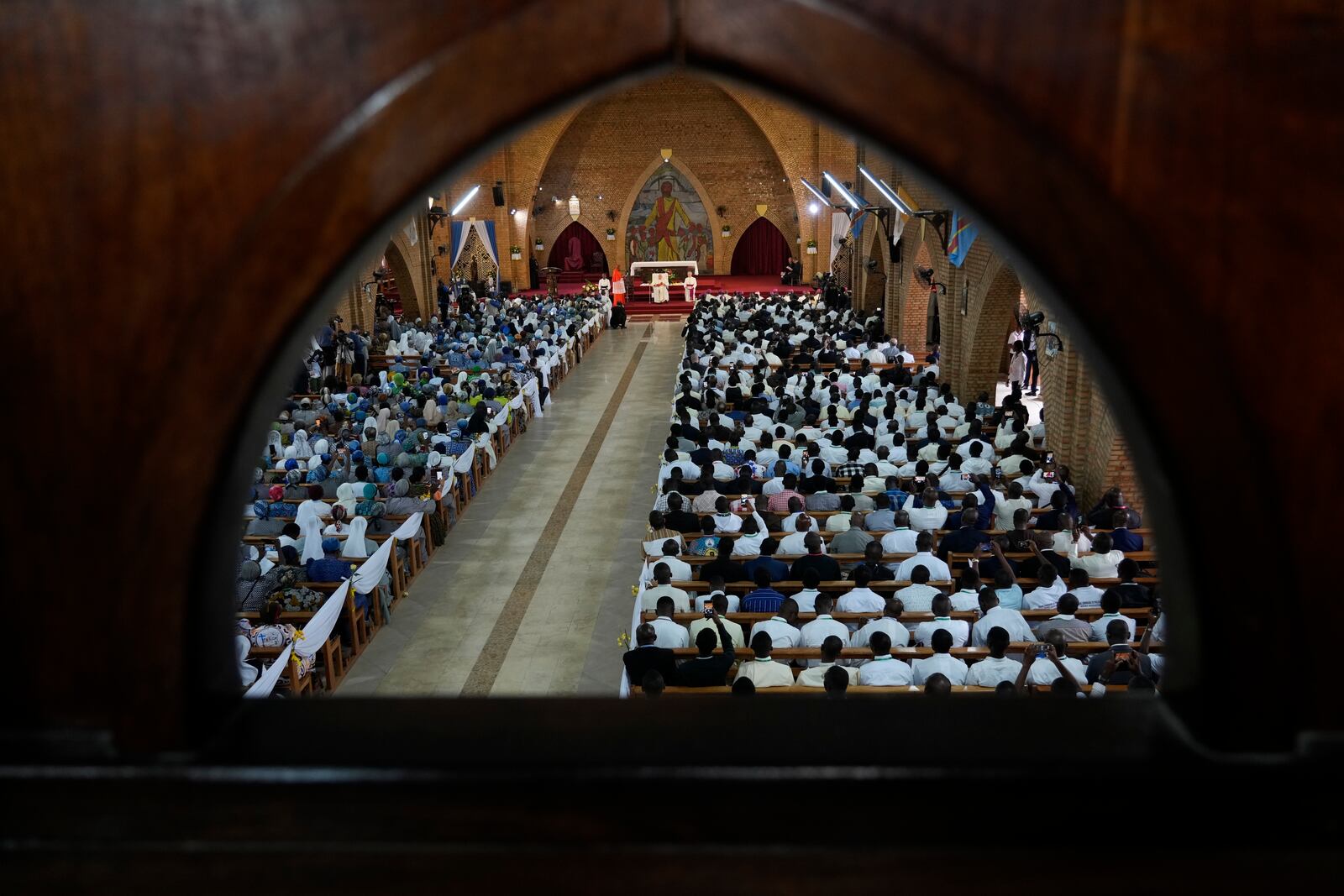 FILE - Pope Francis meets with priests, deacons, consecrated people and seminarians at the "Notre Dame du Congo" Cathedral in Kinshasa, Democratic Republic of Congo, Feb. 2, 2023. (AP Photo/Gregorio Borgia, File)