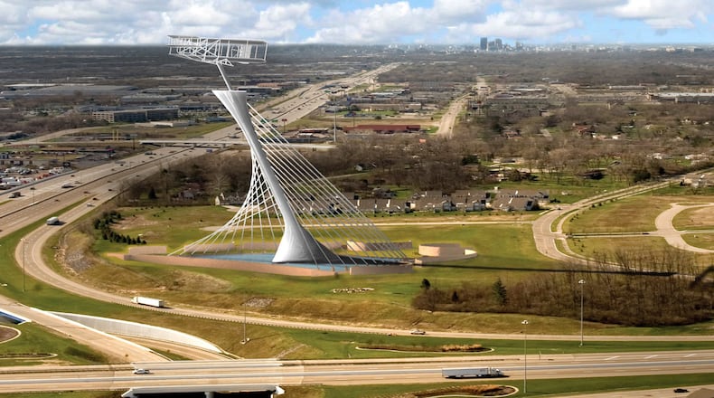 An artist rendering of the proposed Triumph of Flight monument that the Wright Image Group would like to building at the southwest quadrant of interstates 70 and 75 in Butler Township. Project organizers would like to build an Ohio Aviation Hall of Fame at the base of the monument. CONTRIBUTED PHOTO BY WRIGHT IMAGE GROUP
