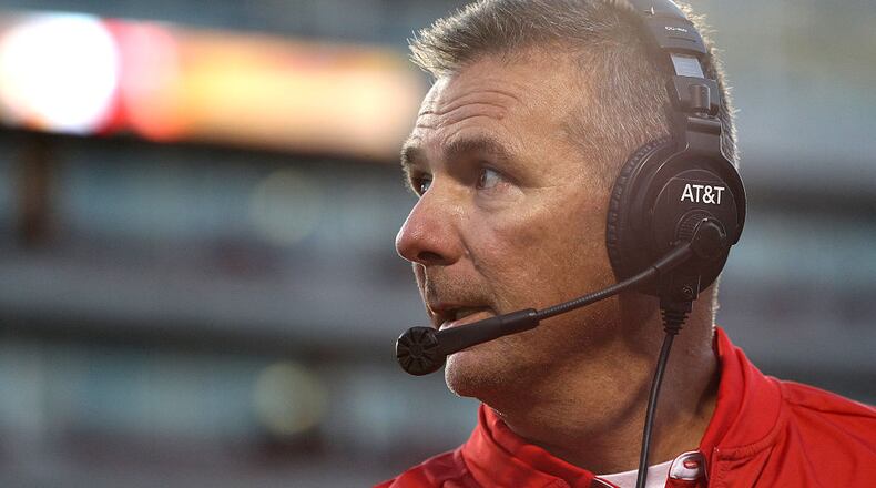 COLLEGE PARK, MD - NOVEMBER 12: Head coach Urban Meyer of the Ohio State Buckeyes looks on during the second quarter against the Maryland Terrapins at Capital One Field at Maryland Stadium on November 12, 2016 in College Park, Maryland. (Photo by Patrick Smith/Getty Images)