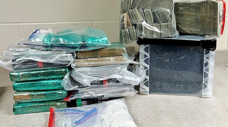 Authorities seized 10 kilograms of fentanyl, 2 kilograms of cocaine, 1 kilogram of heroin, 336 grams of methamphetamine, 4 pounds of marijuana and about $150,000 in cash as part of a narcotics investigation in December 2021. Photo courtesy the Miami Valley Bulk Smuggling Task Force.