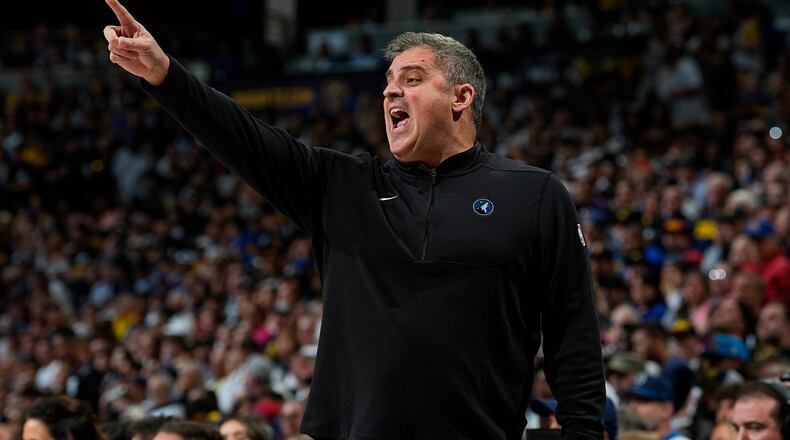 Minnesota Timberwolves assistant coach Micah Nori directs his team in the first half of Game 7 of an NBA second-round playoff series against the Denver Nuggets, Sunday, May 19, 2024, in Denver. (AP Photo/David Zalubowski)