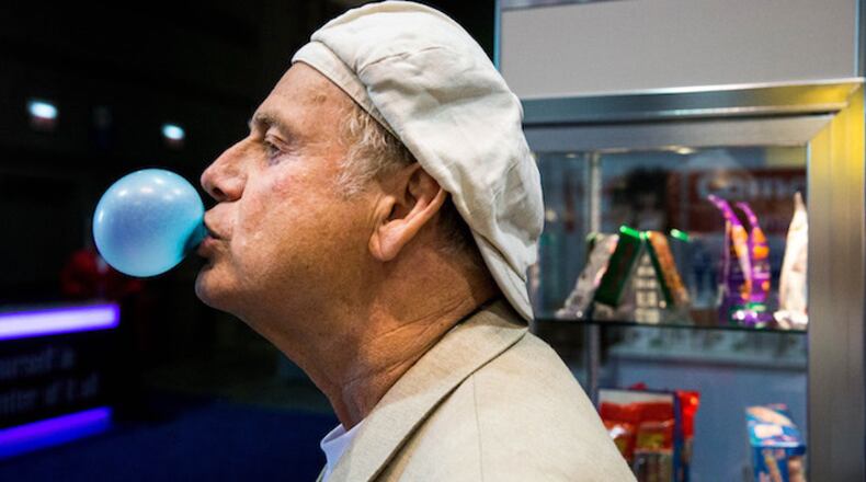 Big League Chew founder Rob Nelson blows a bubble during the 2018 Sweets & Snacks Expo on Tuesday, May 22, 2018, at McCormick Place, in Chicago, Ill. Nelson created the shredded gum in 1980 and continues to sell it today. (Courtney Pedroza/Chicago Tribune/TNS)