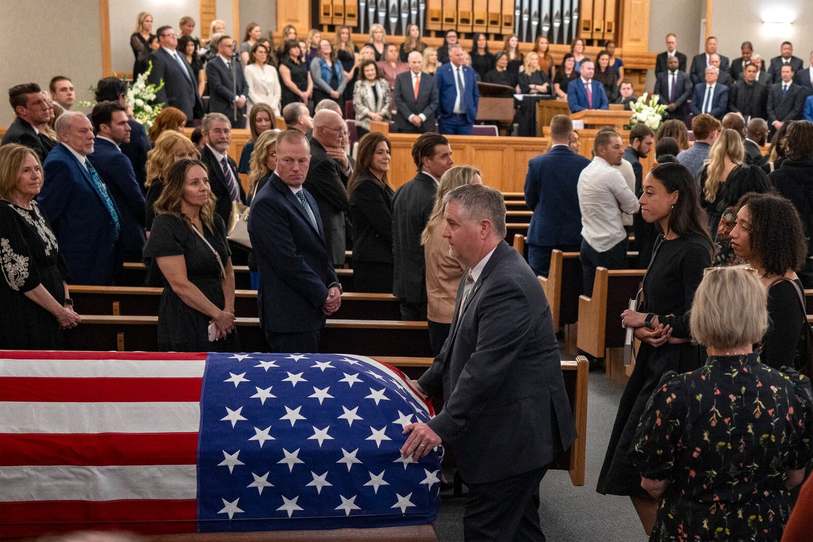 The casket is brought out of the chapel at funeral services for former U.S. Rep. Mia Love at the University of Utah Institute of Religion in Salt Lake City on Monday, April 7, 2025. (Rick Egan/The Salt Lake Tribune via AP, Pool)