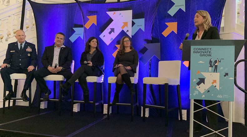 A panel discusses workforce issues at the Dayton Development Coalition annual meeting Wednesday. From left: Lt. Gen. Robert McMurry; Erhardt Preitauer, president and CEO, CareSource; Diane Garcia, vice president, Crocs; Shannon Cox, superitendent of Pathways to Prosperity, and moderator Joni Fedders, president, Aileron. CONTRIBUTED