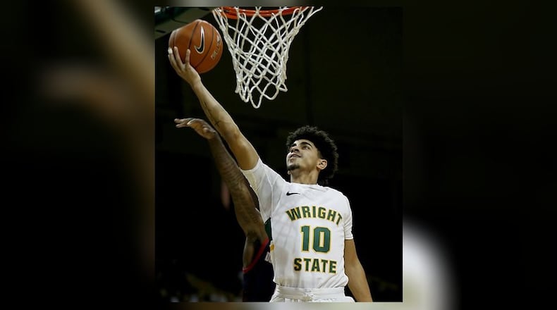 Wright State University guard Trey Calvin lays in two against Detroit Mercy during their Horizon League game at the Nutter Center in Fairborn Thursday, Feb. 6, 2020. Wright State won 98-86. Contributed photo by E.L. Hubbard