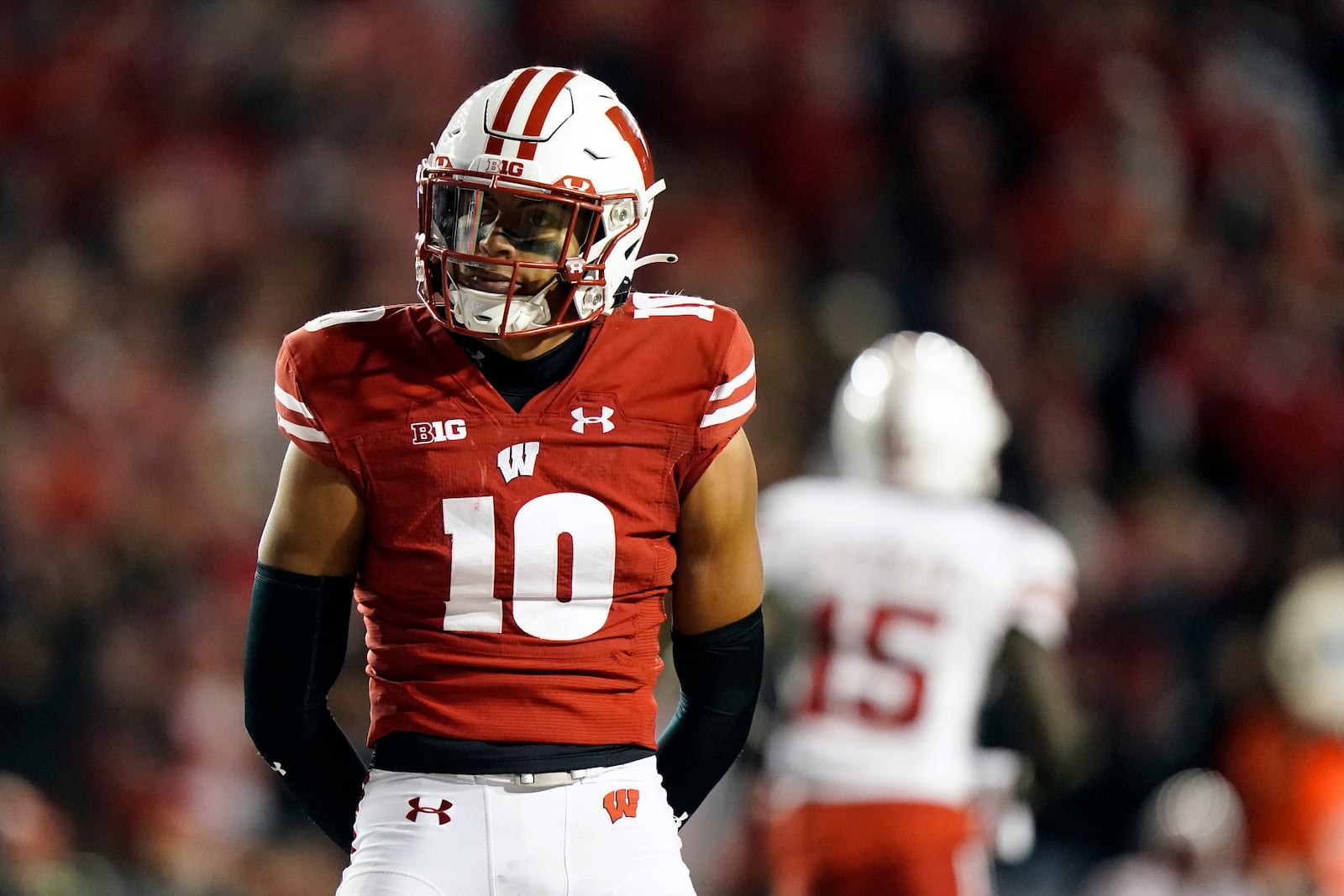 FILE - Wisconsin's Nyzier Fourqurean reacts during overtime of an NCAA college football game against Nebraska Saturday, Nov. 18, 2023 in Madison, Wis. (AP Photo/Aaron Gash, File)