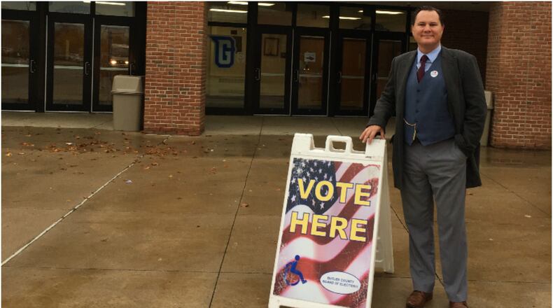 Ian MacKenzie-Thurley, executive director of the Fitton Center for Creative Arts in Hamilton, after casting his first vote as a U.S. citizen on Tuesday, Nov. 7. WAYNE BAKER/STAFF