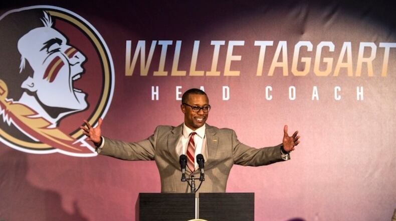 Florida State University introduced Willie Taggart as their new NCAA college football coach in Tallahassee, Fla., Wed, Dec. 6, 2017. Florida State defeated Louisiana Monroe (AP Photo/Mark Wallheiser)
