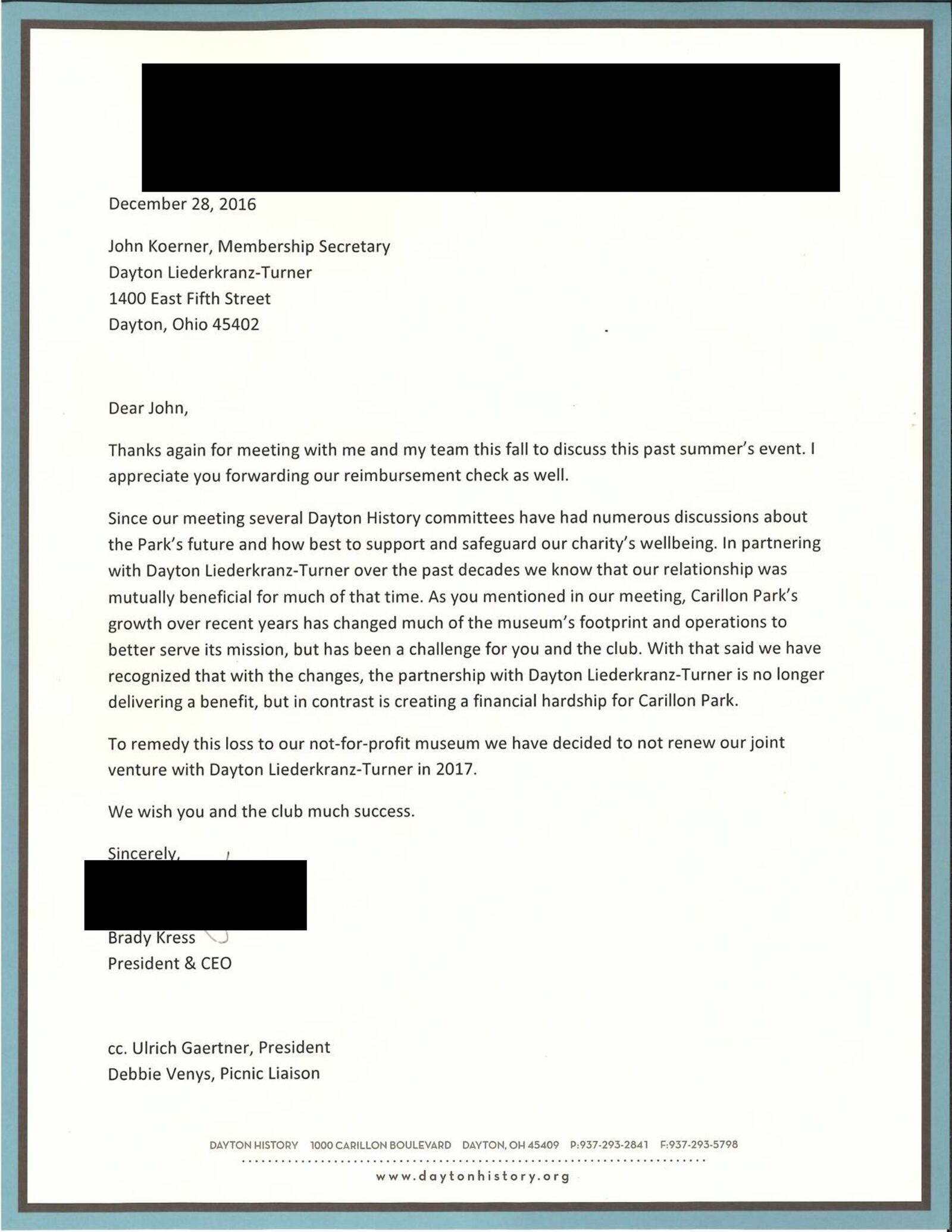 Letter from Brady Kress, Dayton History’s president and CEO, to John Koerner, the chairman of GermanFest Picnic.