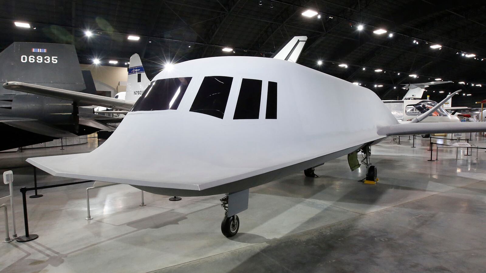 The Northrop Tacit Blue technology demonstrator which is on display at the National Museum of the U.S. Air Force.  This odd looking jet proved that a stealthy aircraft could have curved surfaces -- unlike the faceted surfaces of the F-117 Nighthawk.     TY GREENLEES / STAFF