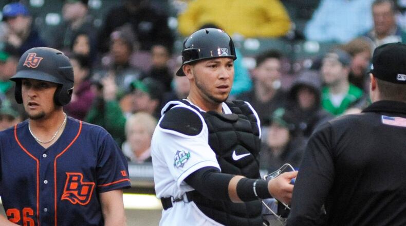Dragons catcher Pabel Manzanero.Bowling Green defeated host Dayton 3-2 in a minor-league baseball season opener at Fifth Third Field on Thursday, April 4, 2019. MARC PENDLETON / STAFF