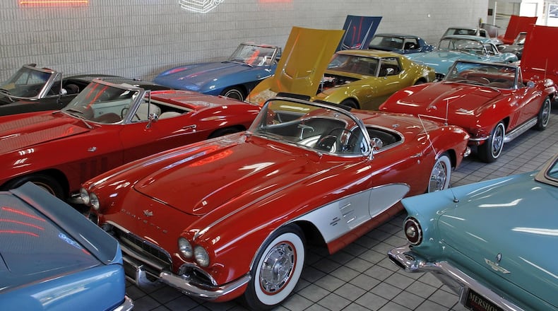 A 1961 Corvette sits in the foreground of Mershon’s World of Cars in Springfield. 2018 photograph by Skip Peterson