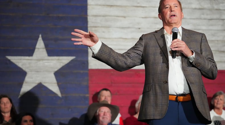 Texas Attorney General Ken Paxton, a Republican candidate for the U.S. Senate, speaks during a campaign event, Monday, Feb. 16, 2026, in Tyler, Texas. (AP Photo/Julio Cortez)