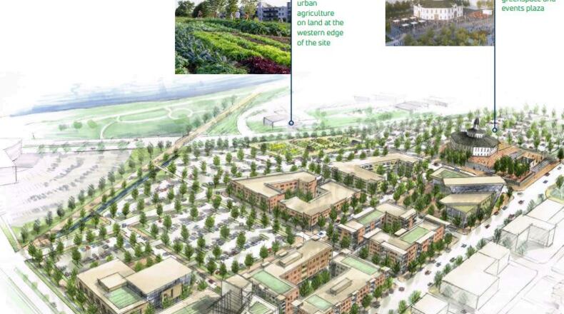 The first phase of onMain will start at Stewart and Main and work inward. A rendering shows what the initial neighborhood could look like. CONTRIBUTED