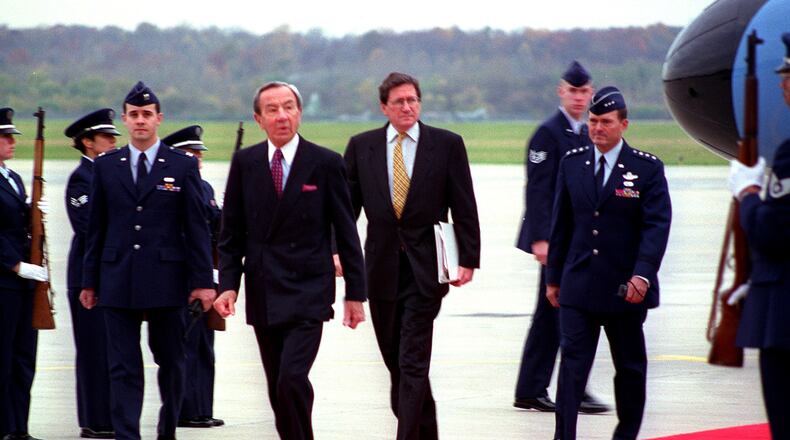 Warren Christopher, former Secretary of State (left) and the Richard Holbrooke, then assistant Secretary of State, (right) were tasked with working toward a sustainable peace during the Dayton peace talks held for 21 days in Nov. 1995 at Wright-Patterson Air Force Base. PHOTO COURTESY OF THE UNITED STATES AIR FORCE