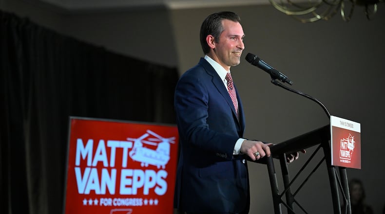 Republican candidate Matt Van Epps speaks to supporters at a watch party after announcing victory in a special election for the U.S. seventh congressional district, Tuesday, Dec. 2, 2025, in Nashville, Tenn. (AP Photo/John Amis)