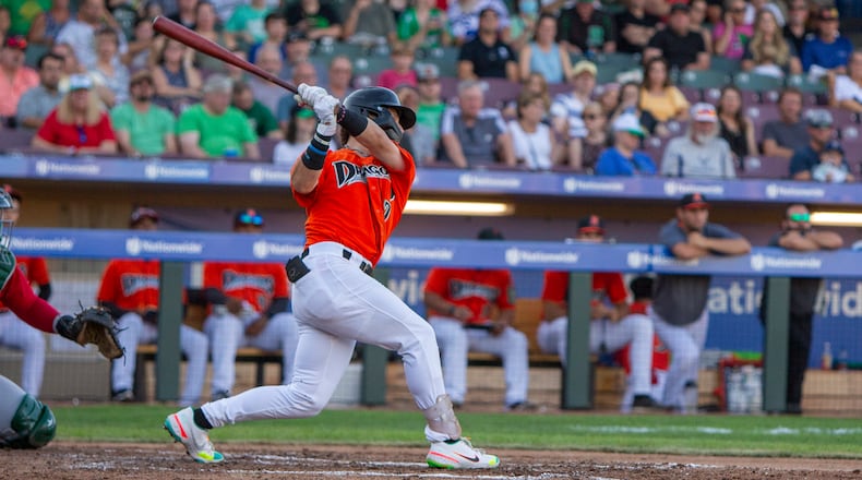 Dayton's Austin Hendrick singles during a game vs. Fort Wayne last season. He and the Dragons open their home schedule at 7:30 p.m. Tuesday at Day Air Ballpark. CONTRIBUTED/Jeff Gilbert
