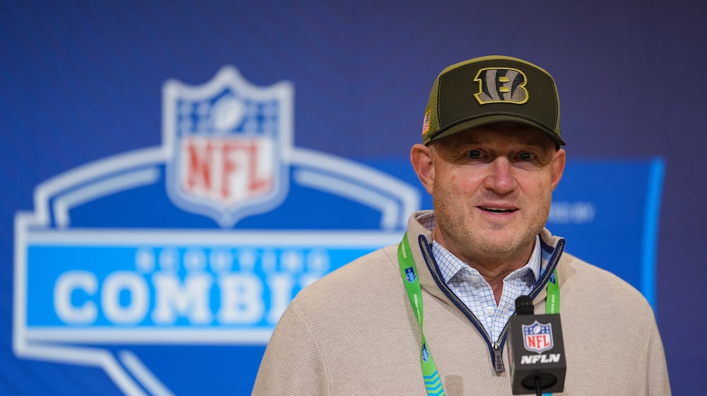 Cincinnati Bengals director of player personnel Duke Tobin speaks during a press conference at the NFL football scouting combine in Indianapolis, Tuesday, Feb. 24, 2026. (AP Photo/Michael Conroy)